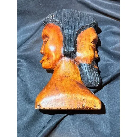 Hand Carved Double Face Wood Bust Man Woman 8" - Picture 5 of 8